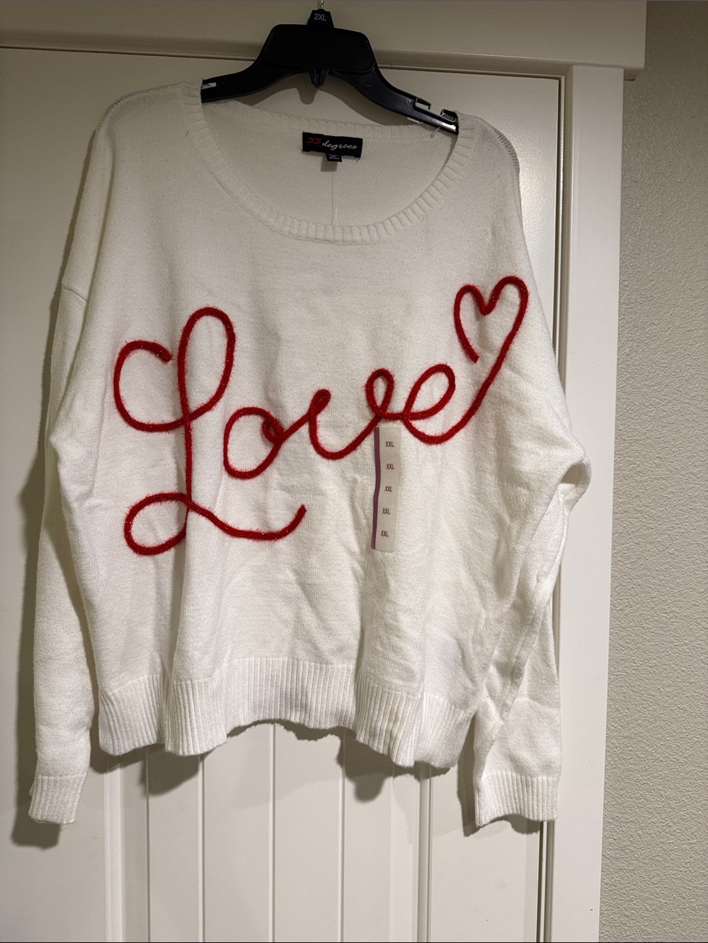 33 Degrees White Crewneck Sweater with Red 'Love' Script